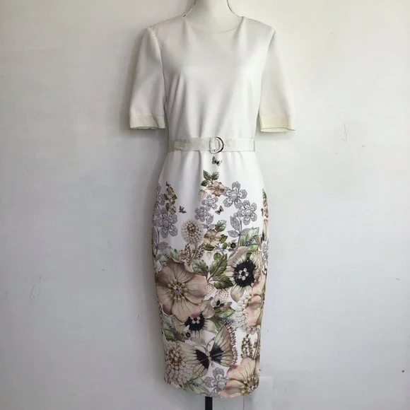 Ted Baker | Dresses | Ted Baker Women Elegant White Cream Floral Round Neck  Short Sleeve Midi Dress | Poshmark